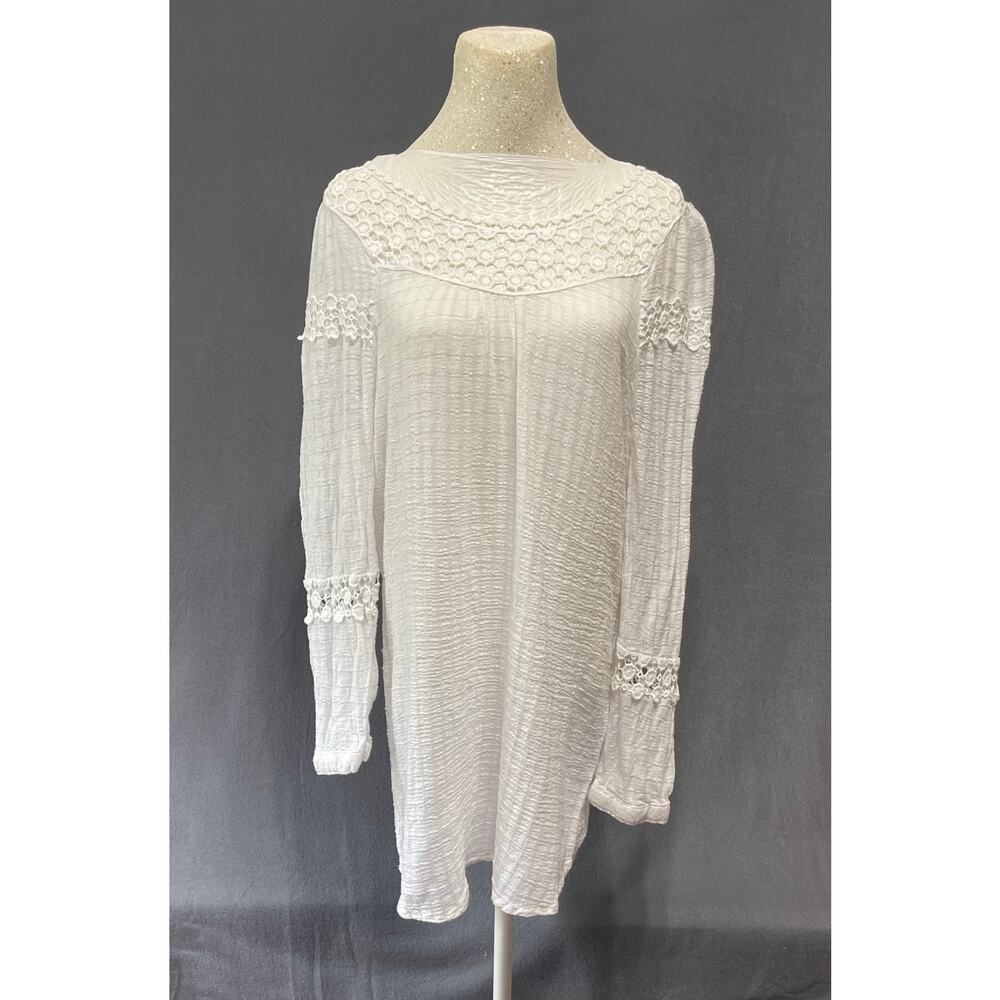 HANNAH white tunic top with crochet lace accents elegant boho casual chic